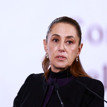 Mexico's President Claudia Sheinbaum speaks during a press conference about the wave of violence in Mexico, following the killing of Mexican drug lord Nemesio Oseguera, known as 'El Mencho', in a military operation on Sunday, at Palacio Nacional, in Mexico City, Mexico, February 23, 2026. REUTERS/Raquel Cunha