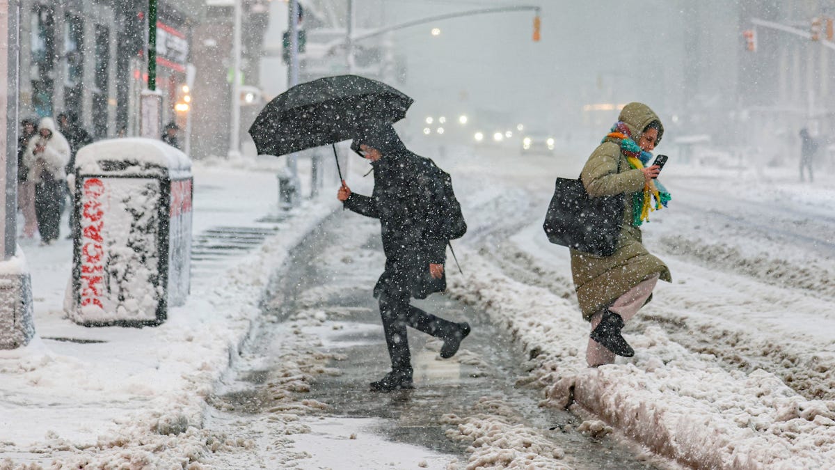 Pedestrians walk on a street as snow falls during a winter storm in New York City on Feb. 23, 2026.