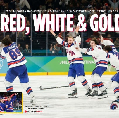 USA TODAY Sports has crafted a hardcover collector's book that commemorates the gold medals won by the American men's and women's hockey teams at the 2026 Milano Cortina Olympics. Each team won its gold-medal game 2-1 in overtime over Canada.