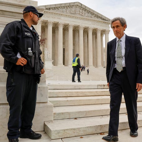 Anti-affirmative action activist Edward Blum departs after the U.S. Supreme Court heard appeals in two cases brought by an organization he founded on the legality of race-conscious admissions policies on October 31, 2022.