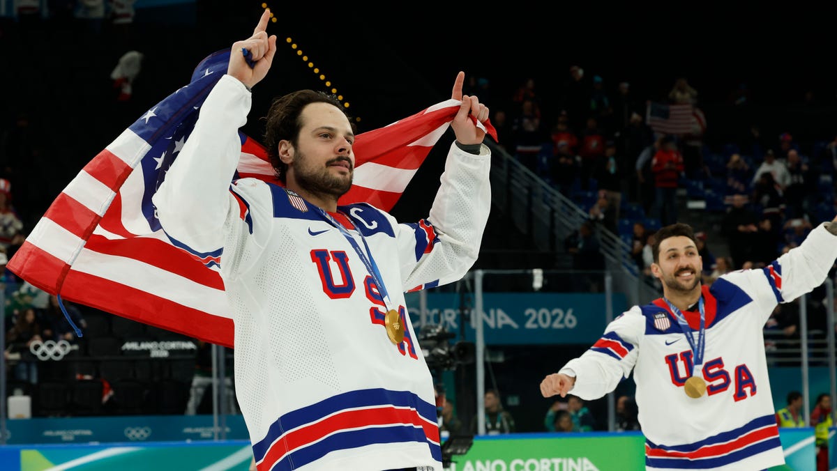Auston Matthews (34) celebrates after Team USA beat Team Canada during the Milano Cortina 2026 Olympic Winter Games.