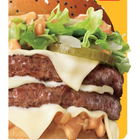 McDonald's will add The Big Arch burger to its menu starting March 3 for a limited time. It has two quarter pound beef patties, three slices of melted white cheddar cheese, lettuce, pickles, onions and a special sauce.