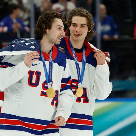 Quinn Hughes (43) and Jack Hughes (86) are among the players from the U.S. Olympic men's hockey team expected at the State of the Union address on Feb. 24, 2026.