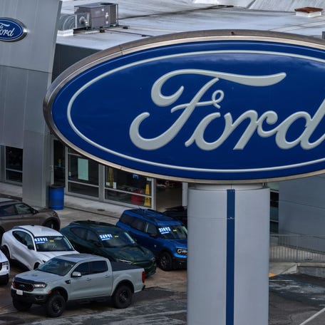 Ford pickup trucks are displayed on the sales lot at Serramonte Ford on January 06, 2026 in Colma, California.