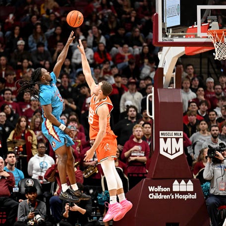 Feb 24, 2026; Tallahassee, Florida, USA; Florida State Seminoles guard Robert McCray (6) shoots a two point shot during the first half against the Miami Hurricanes at Donald L. Tucker Center. Mandatory Credit: Melina Myers-Imagn Images