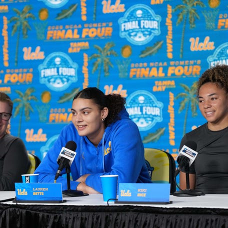 Apr 3, 2025; Tampa, FL, USA; From left: UCLA Bruins head coach Cori Close (left), center Lauren Betts (center) and guard Kiki Rice during press conference at Amalie Arena. Mandatory Credit: Kirby Lee-Imagn Images