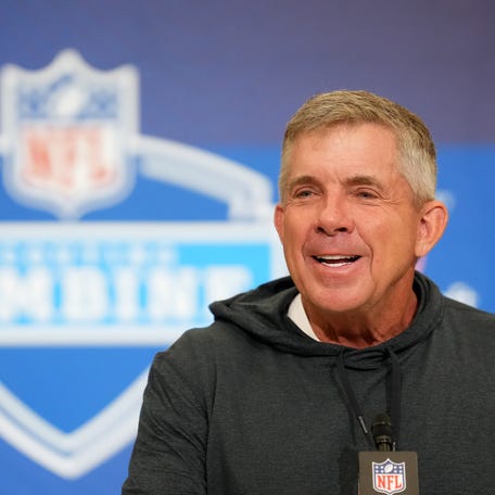 Feb 24, 2026; Indianapolis, IN, USA; Denver Broncos coach Sean Payton speaks at the NFL Scouting Combine at the Indiana Convention Center.