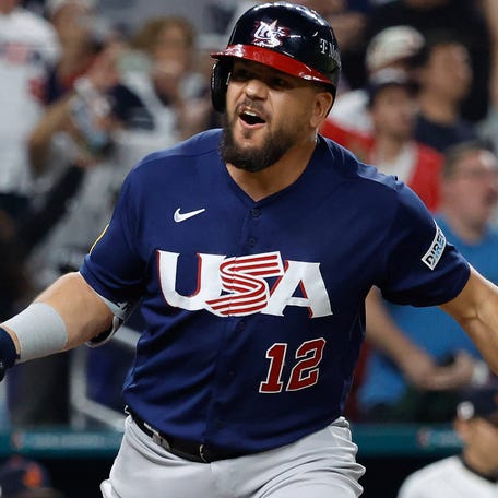Kyle Schwarber celebrates ater a home run against Japan in the 2023 WBC.