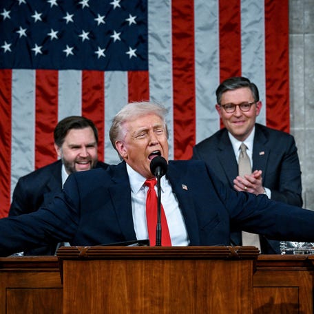 U.S. President Donald J. Trump delivers the first State of the Union address of his second term to a joint session of Congress in the House Chamber of the United States Capitol in Washington, D.C., on Tuesday, February 24, 2026. Seated behind him are Vice President JD Vance and Speaker of the House Mike Johnson (R-LA). Kenny Holston /Pool via REUTERS
