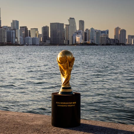 MIAMI, FLORIDA - MAY 9: The FIFA World Cup 2026 Winner's Trophy is seen at Key Biscayne on May 9, 2024 in Miami, Florida.