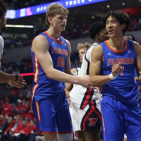 Feb 21, 2026; Oxford, Mississippi, USA; Florida Gators forward Thomas Haugh (10) and guard Xaivian Lee (1) react during the second half against the Mississippi Rebels at The Sandy and John Black Pavilion at Ole Miss. Mandatory Credit: Petre Thomas-Imagn Images