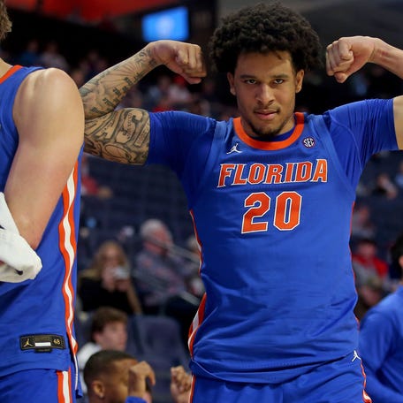 Florida Gators guard Isaiah Brown (20) reacts during the second half against the Mississippi Rebels at The Sandy and John Black Pavilion at Ole Miss.