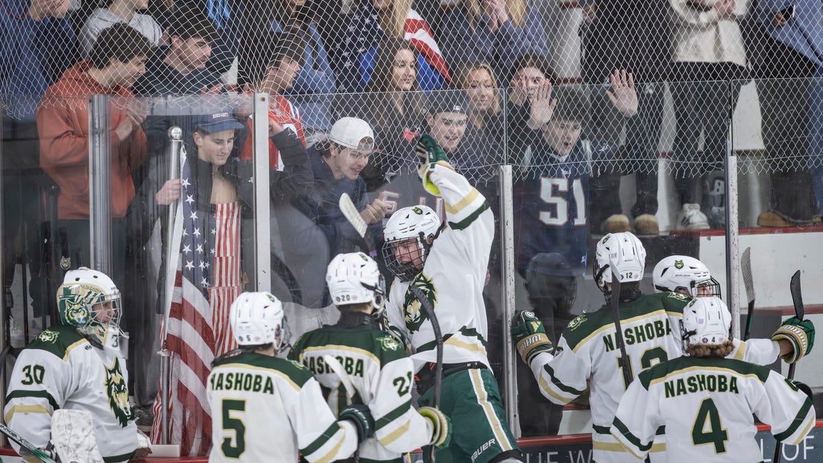Players from the Nashoba boys' hockey team celebrates with fans after the Wolves topped Longmeadow, 5-1, in a Division 3 first round game at the New England Sports Center on Wednesday, Feb. 25, 2026.