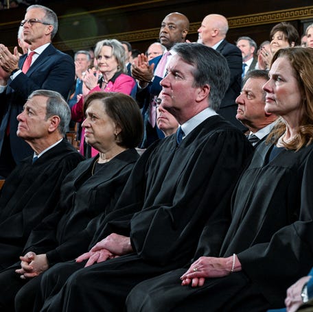 Sitting from left, Chief Justice John Roberts and Justices Elena Kagan, Brett Kavanaugh and Amy Coney Barrett attend President Donald Trump's State of the Union address at the U.S. Capitol on Feb. 24, 2026.
