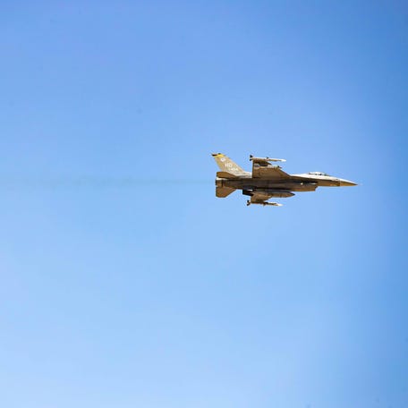 A U.S. Air Force F-16 Fighting Falcon performs during the Legacy of Liberty Air Show at Holloman Air Force Base on Saturday, May 7, 2022.