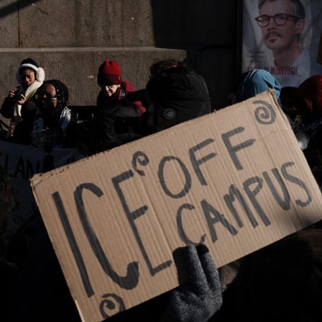 People participate in a protest organized by Columbia University students and professors against U.S. President Donald J. Trump's immigration policies and to demand that the school establish itself as a sanctuary campus, in New York City, U.S., February 5, 2026.