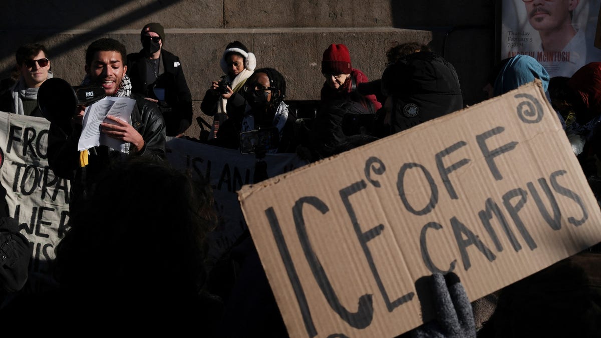 People participate in a protest organized by Columbia University students and professors against U.S. President Donald J. Trump's immigration policies and to demand that the school establish itself as a sanctuary campus, in New York City, U.S., February 5, 2026.
