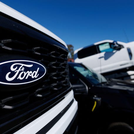 A Ford logo on a Ford F-150 pickup truck for sale in Encinitas, California, U.S. October 20, 2025.