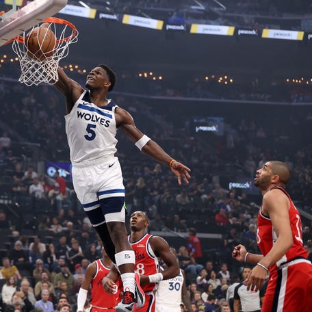 Minnesota Timberwolves guard Anthony Edwards (5) dunks the ball during the first quarter against the Los Angeles Clippers at Intuit Dome in Inglewood, California, on Feb. 26, 2026.