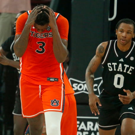 Feb 18, 2026; Starkville, Mississippi, USA; Auburn Tigers forward KeShawn Murphy (3) reacts during the second half against the Mississippi State Bulldogs at Humphrey Coliseum. Mandatory Credit: Petre Thomas-Imagn Images