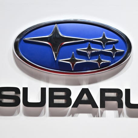 The Subaru logo is seen during press day of the Japan Mobility Show in Tokyo on Oct. 25, 2023.