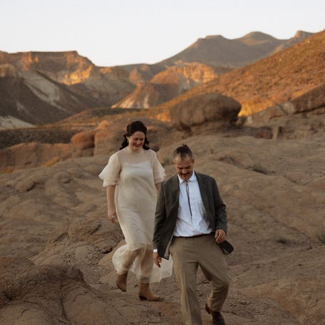 Katy Clump and Chase McMillan on their wedding day in the Big Bend.