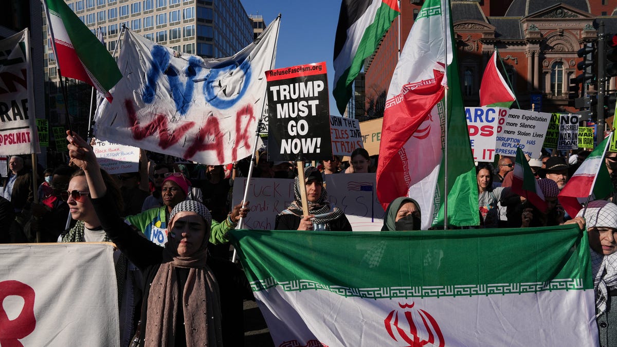 Demonstrators in Washington, DC, are pictured on Feb. 28, 2026, taking part in an anti-war protest following the joint U.S.-Israel strikes against Iran.