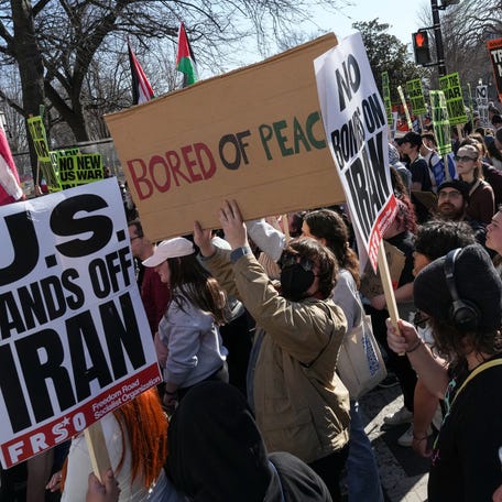 Demonstrators take part in an anti-war with Iran protest rally and march, following strikes by Israel and the U.S. on Iran, in Washington D.C., U.S., February 28, 2026.