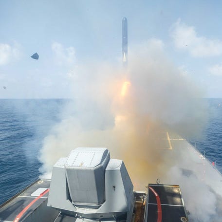 A still image released by U.S. Central Command (CENTCOM), which accompanied a press release describing the operation dubbed "Epic Fury", an attack by the United States and Israel on Iran, shows a rocket launch from a ship, in this picture obtained from social media released on February 28, 2026.