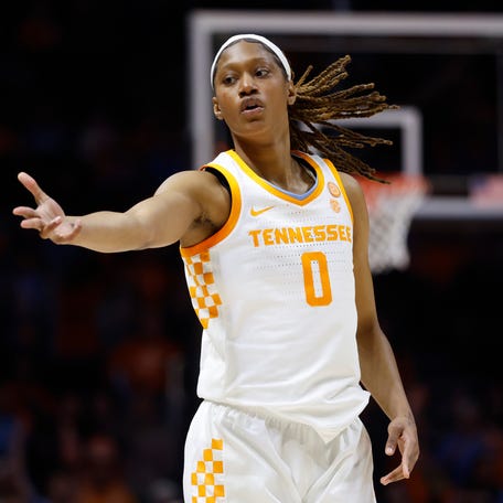 KNOXVILLE, TENNESSEE - FEBRUARY 15: Janiah Barker #0 of the Tennessee Volunteers gestures after a basket during the first half against the Texas Longhorns at Thompson-Boling Arena on February 15, 2026 in Knoxville, Tennessee. (Photo by Johnnie Izquierdo/Getty Images)