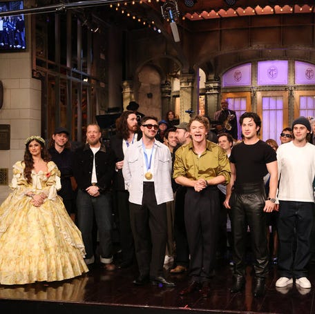 Connor Storrie and the cast of "Saturday Night Live" on Feb. 28, 2026.