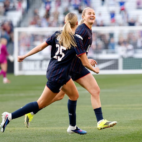 NASHVILLE, TENNESSEE - MARCH 01: Lindsey Heaps #10 and Claire Hutton #1 of the United States celebrate after a goal during the first half of the SheBelieves Cup against Argentina at GEODIS Park on March 01, 2026 in Nashville, Tennessee.