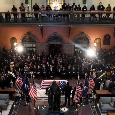 People listen to the speakers Monday, March 2, 2026, during the memorial services for Rev. Jesse Jackson at the South Carolina State House in Columbia, South Carolina.