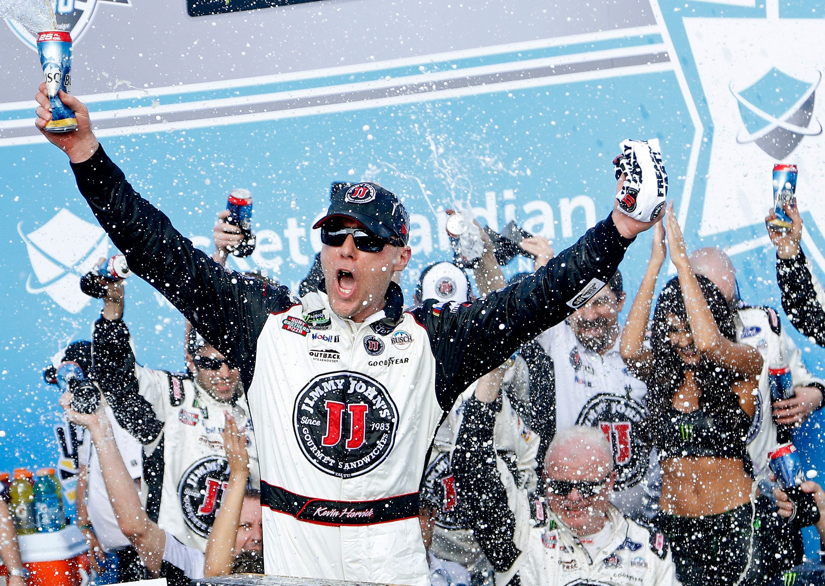 Kevin Harvick celebrates.