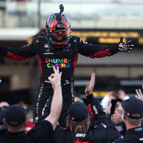 AUSTIN, TEXAS - MARCH 01: Tyler Reddick, driver of the #45 Chumba Casino Toyota, celebrates with his crew after winning his third race in a row to start the 2026 NASCAR season winning the NASCAR Cup Series DuraMax Grand Prix Powered by RelaDyne at Circuit of The Americas.