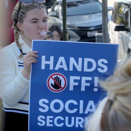 Dozens of people met in front of a Social Security office in Thousand Oaks for a gathering focused on staffing cuts to the agency. The event on Monday, April 21, 2025, was held by U.S. Rep. Julia Brownley.