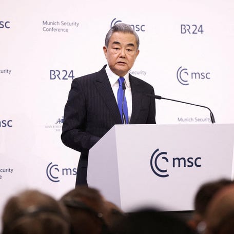 China's Foreign Minister Wang Yi speaks during the Munich Security Conference (MSC) in Munich, Germany, February 14, 2026.