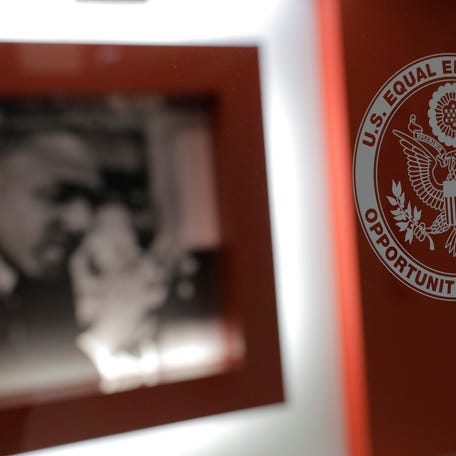 The seal of the Equal Employment Opportunity Commission is seen at their headquarters in Washington, D.C. on May 14, 2021.