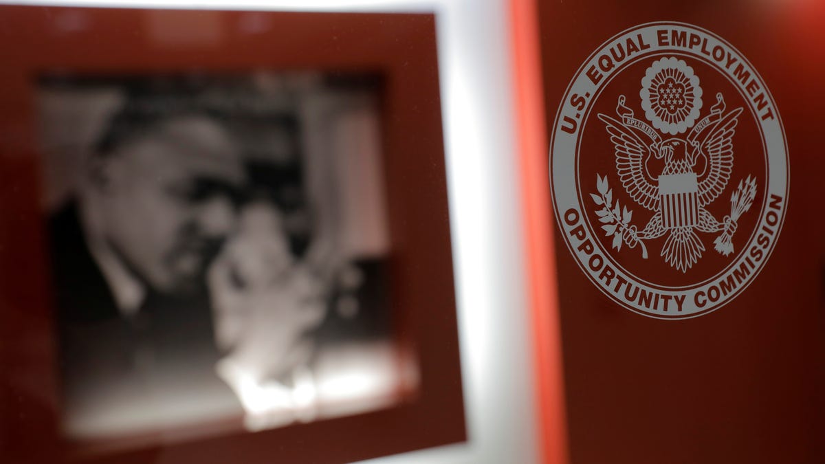 The seal of the Equal Employment Opportunity Commission is seen at their headquarters in Washington, D.C. on May 14, 2021.