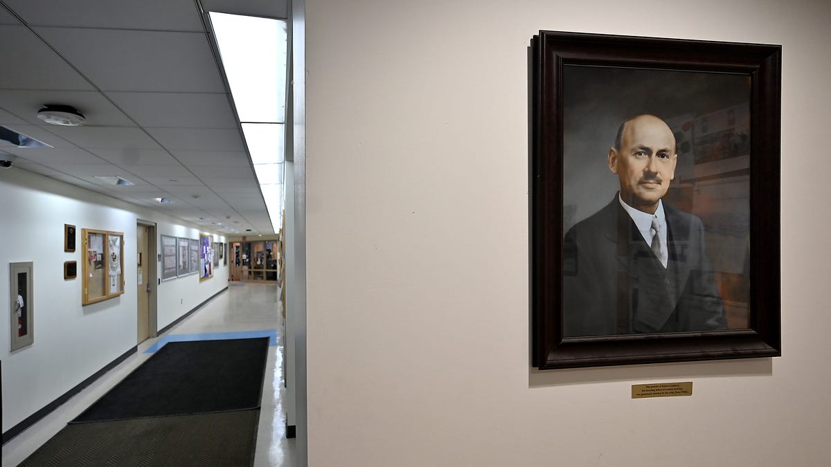 This portrait of Robert Goddard by artist Betsy White hangs at Goddard Hall.