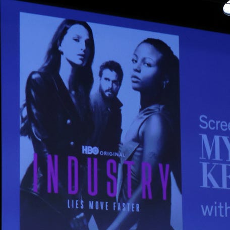Myha'la, left, and Ken Leung speak onstage during HBO's "Industry" screening and conversation with Jessica Shaw on Feb. 16, 2026, in New York City.