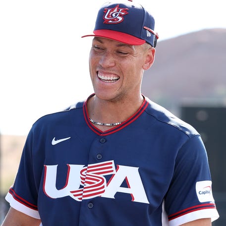 Aaron Judge talks with Ken Griffey Jr. during a Team USA workout at Papago Park Sports Complex in Phoenix.
