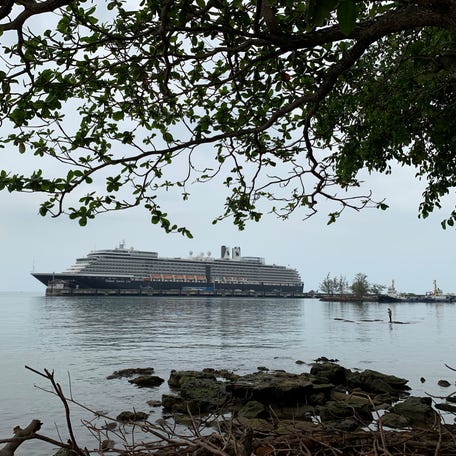The cruise ship, Westerdam, is seen at dock in the Cambodian port of Sihanoukville on February 17, 2020.