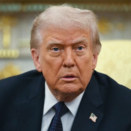 President Donald Trump looks on during a meeting with German Chancellor Friedrich Merz in the Oval Office in Washington, D.C., on March 3, 2026.