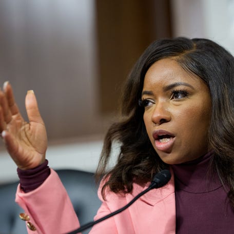 Rep. Jasmine Crockett (D-TX) participates in a public forum on the violent use of force by Department of Homeland Security (DHS) agents, at the Dirksen Senate Office Building on Capitol Hill on Feb. 3, 2026 in Washington, DC. The forum, hosted by Democratic lawmakers, is hearing testimony from Brent and Luke Granger, whose sister Renee Good, was shot and killed by ICE agents in Minneapolis and Marimar Martinez, who survived after being shot by CBP agents in Chicago.