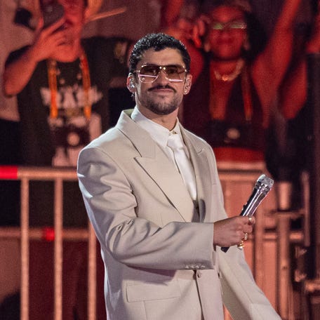 Bad Bunny performs during his Debí Tirar Más Fotos World Tour at the Allianz Parque stadium in Sao Paulo on Feb. 20, 2026.