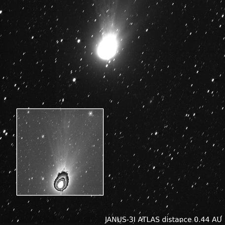 This striking image from the science camera on ESA's Jupiter Icy Moons Explorer (Juice) shows interstellar comet 3I/ATLAS spewing dust and gas.