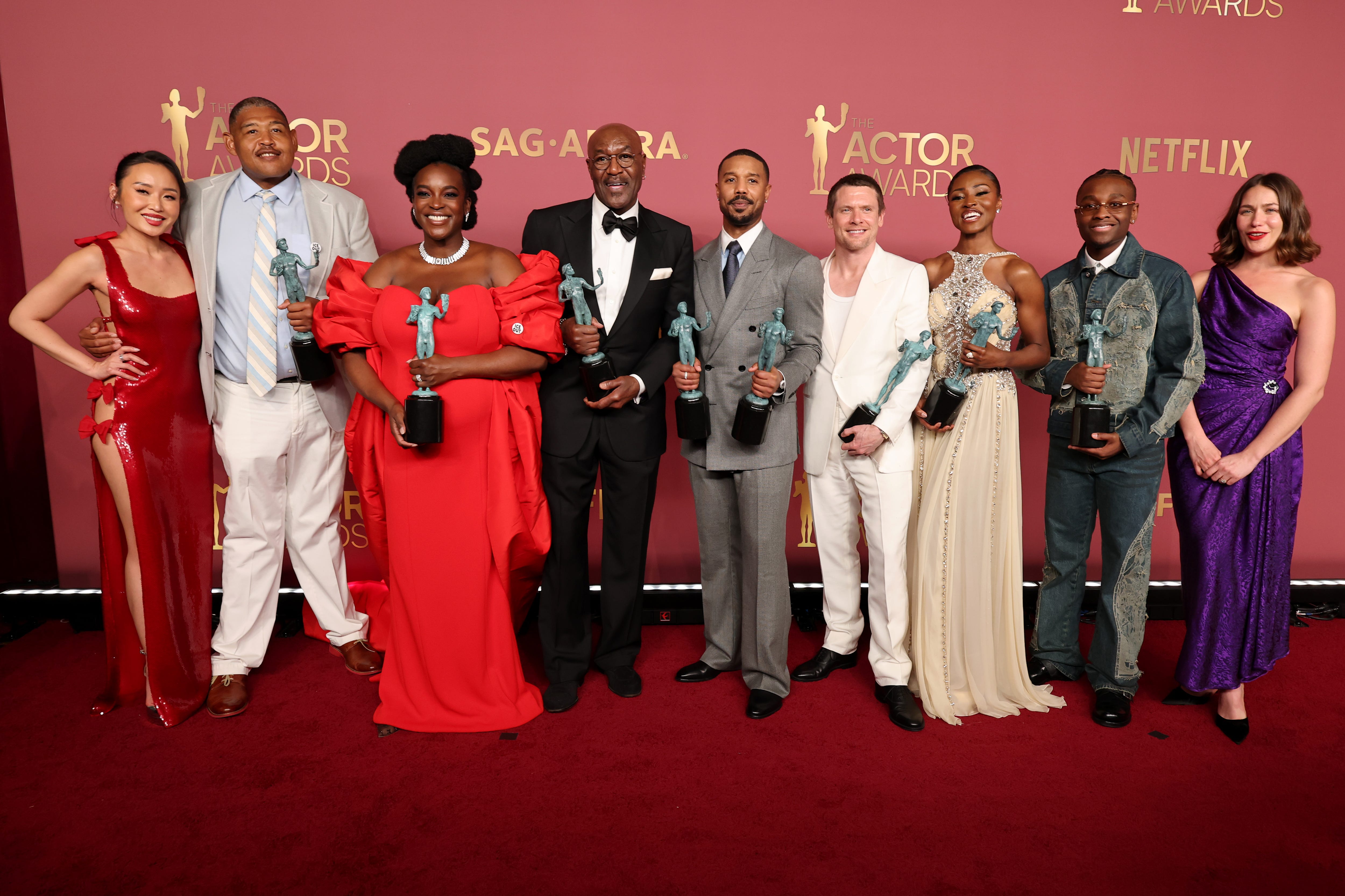 <p style="margin: 0px;">From left, Li Jun Li, Omar Benson Miller, Wunmi Mosaku, Delroy Lindo, Michael B. Jordan, Jack O'Connell, Jayme Lawson, Miles Caton and Lola Kirke posing in the press room during the Actor Awards on March 1, 2026, in Los Angeles.</p>