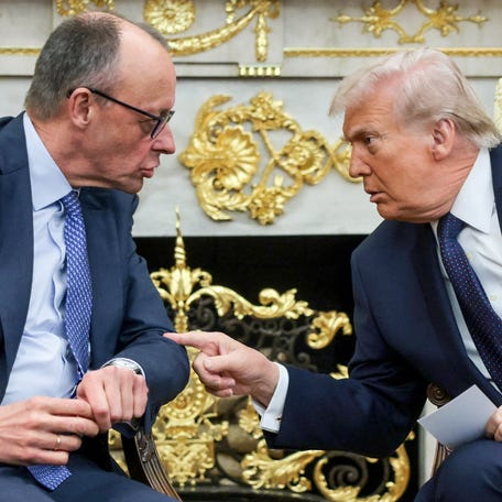 U.S. President Donald Trump and German Chancellor Friedrich Merz meet in the Oval Office at the White House in Washington, D.C., U.S., March 3, 2026.