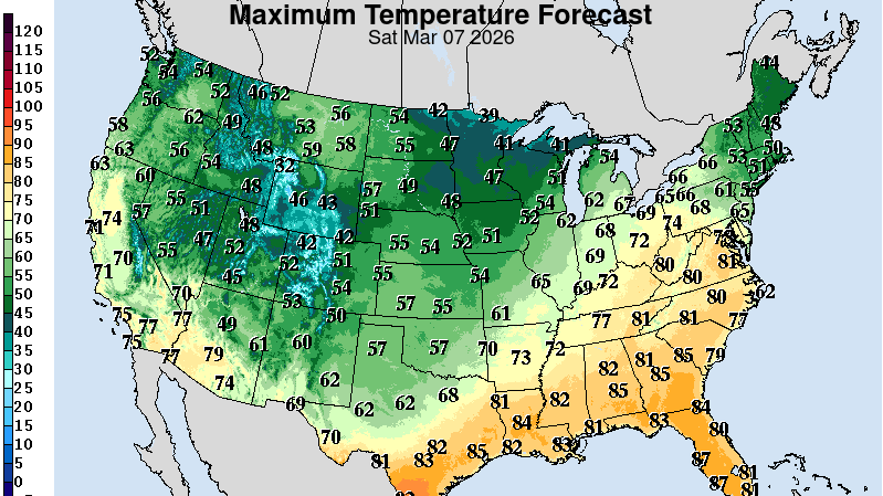 Forecast high temperatures for Saturday, March 7, 2026.